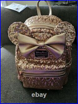 2019 Disney Parks Loungefly Sequined Minnie Mouse Rose Gold Backpack