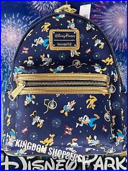 2021 Disney Parks Loungefly 50th AOP All Over Print Navy Blue Mini Backpack A