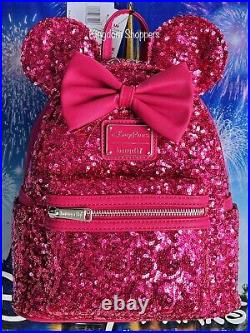 2022 Disney Parks Loungefly Sequins Hot Pink Orchid Minnie Mouse Mini Backpack
