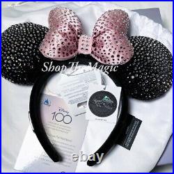 Disney Parks 100 Anniversary Swarovski Black Pink Bow Minnie Ears 2023 In Hand