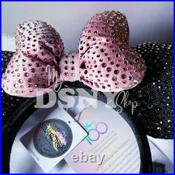 Disney Parks 100 Anniversary Swarovski Black Pink Bow Minnie Ears 2023 In Hand