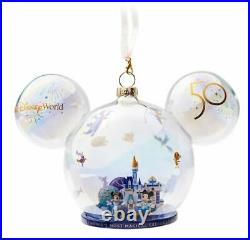 Disney Parks 50th Anniversary Disney World Castle Mickey & Minnie Glass Ornament