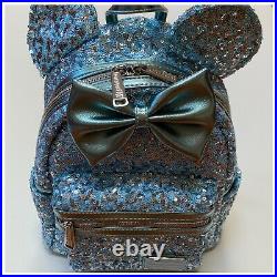 Disney Parks Loungefly Arendelle Aqua Minnie Mouse Sequined Mini Backpack NWT