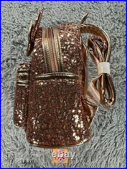 Disney Parks Loungefly Minnie Mouse Rose Gold Sequined Mini Backpack NWT