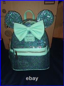 Disney Parks Minnie Mouse Blue & Purple Bling Sequin Loungefly Backpack 2023 Nwt