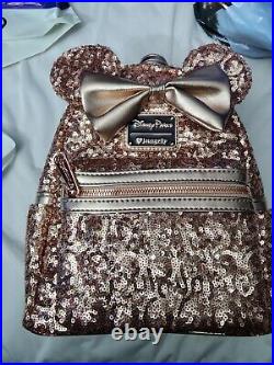 Disney Parks Rose Gold Heart Logo Sequin Mickey Ear Backpack Bag Loungefly New