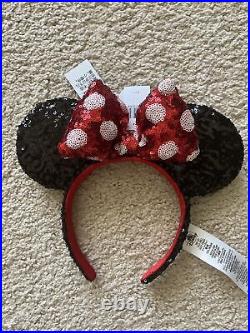 NWT DISNEY PARKS LOUNGEFLY Black Sequin Polka Dot MINNIE MOUSE BACKPACK & Ears