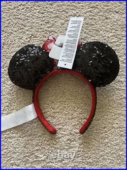 NWT DISNEY PARKS LOUNGEFLY Black Sequin Polka Dot MINNIE MOUSE BACKPACK & Ears
