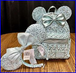 NWT Disney Parks Loungefly Frozen Arendelle Aqua Sequin Backpack And Ears SET