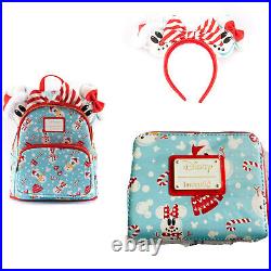 NWT Loungefly Disney Parks Mickey Minnie Snowman Backpack, Ears, Wallet 3pc Set